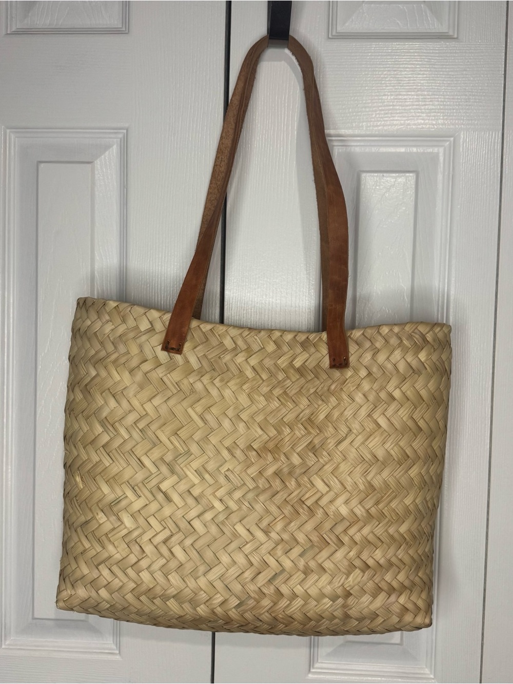 Natural Woven Tote with Tan Leather Handles